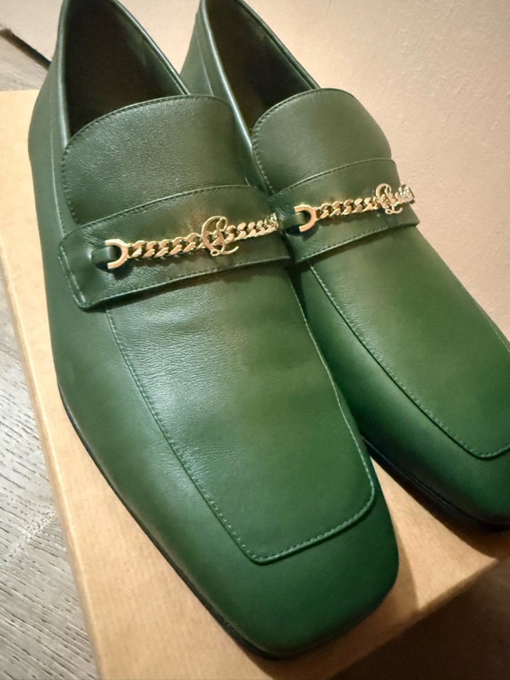 Christian Louboutin Green Leather Slip-On Loafers with Gold Chain